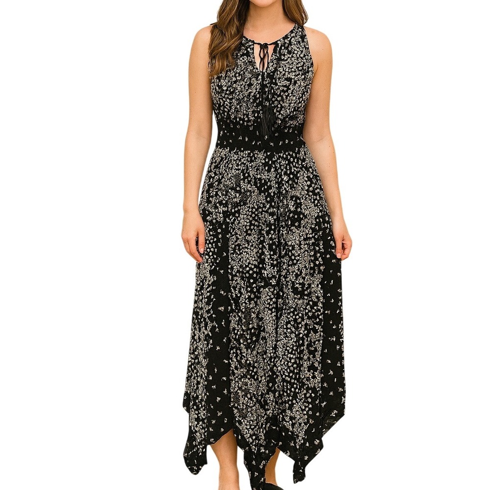 Bila Floral Printed Sleeveless Smocked Bohemian Boho‎ Tasseled Maxi Dress Size S